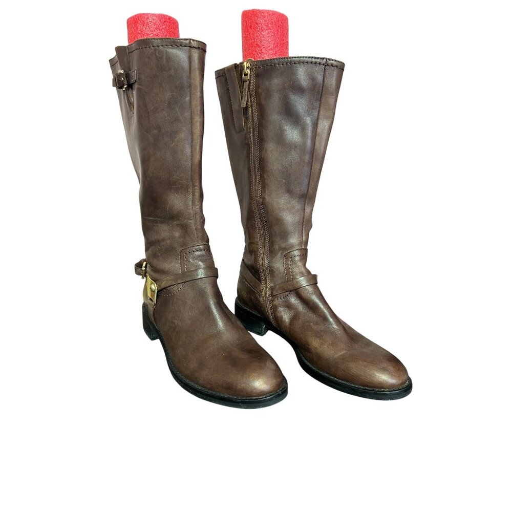 Brown Ecco Leather Tall Riding Boots With Buckle & Side Zipper